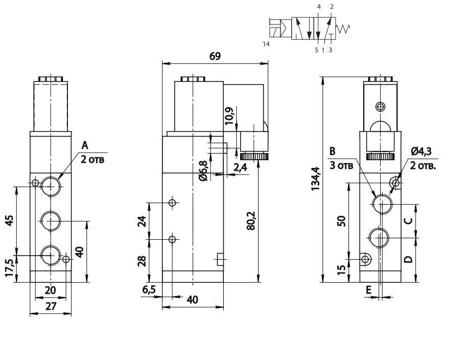 SV-D-ES-52-08 Схема работы 5/2 G1/4" 2500 Нл/мин