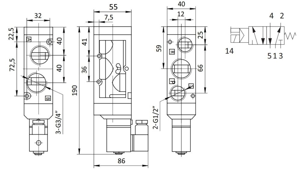 Распределитель SV-EL-ES-52-20 Схема работы 5/2 G3/4" 7500 Нл/мин